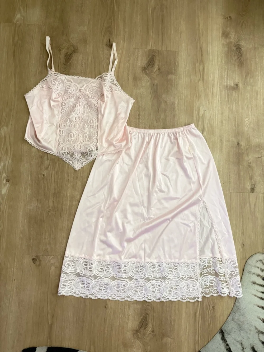 Vtg Women's Lace Trim Slip two piece Set - Light Pink - Picture 2 of 6